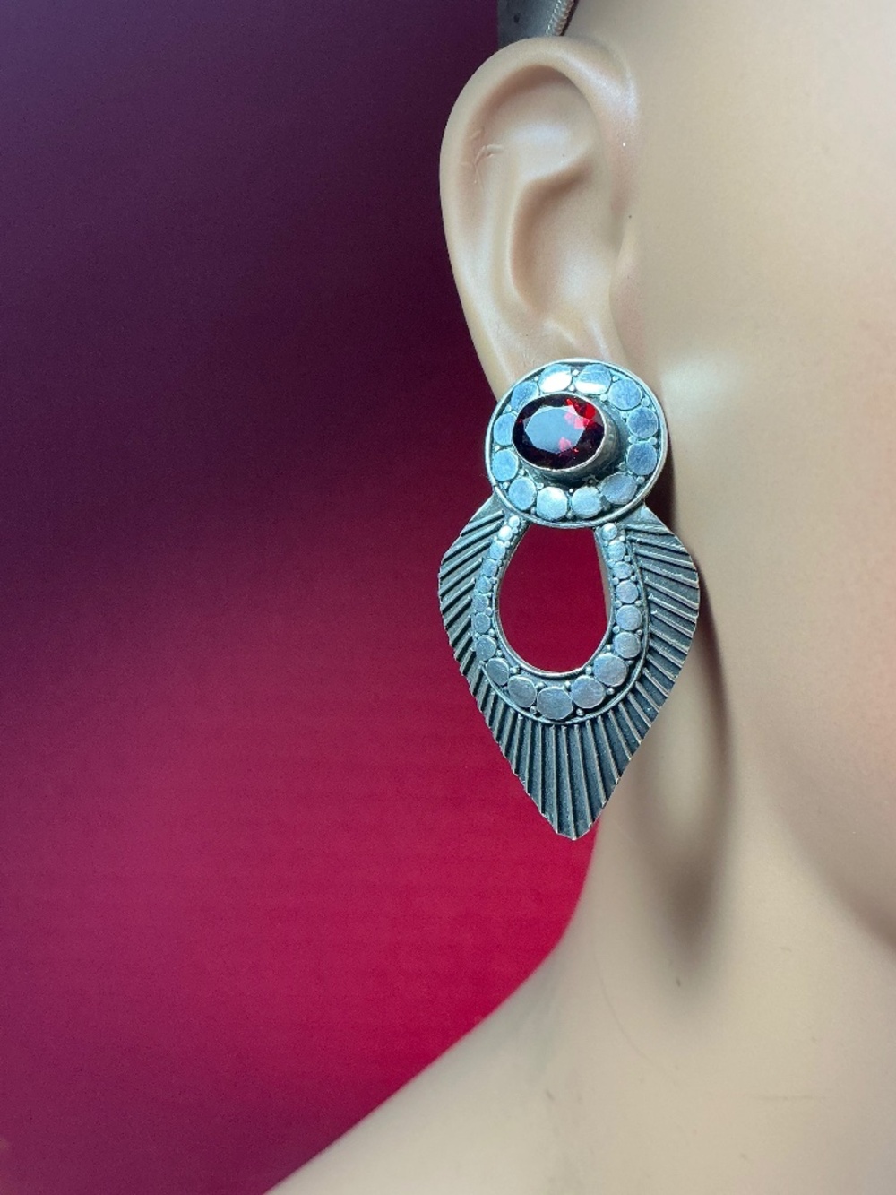 Sterling Silver Southwest Style Drop Earrings W/ Red Stone . 1 5/8 inch drop.